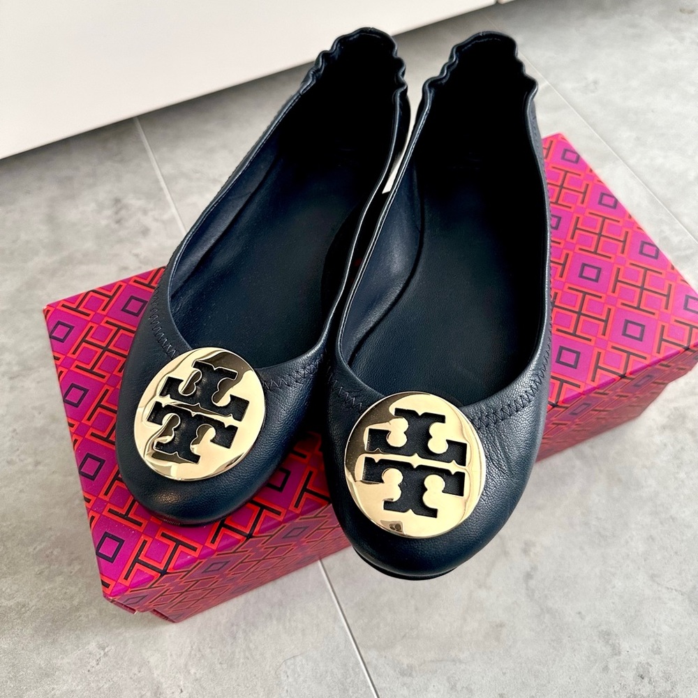 Tory Burch Navy Gold Minnie Leather Ballet Flats designer shoes 6.5